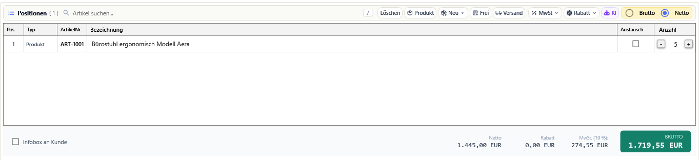 Die Positionsleiste mit Artikelsuche und Werkzeugen, darunter die Positionstabelle