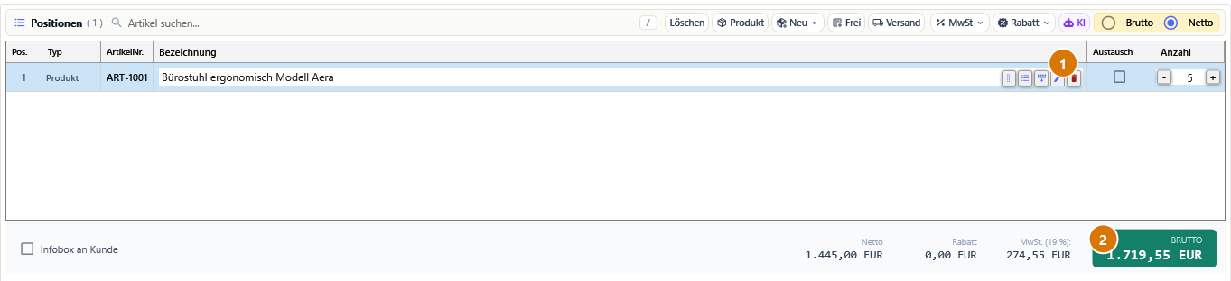Die Zeilenwerkzeuge in der markierten Position und die Summenleiste darunter