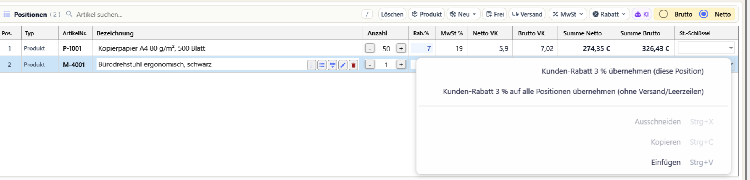 Positionstabelle mit einem Staffelrabatt von 7 Prozent und dem Kontextmenü, das den Kundenrabatt von 3 Prozent für diese oder für alle Positionen anbietet