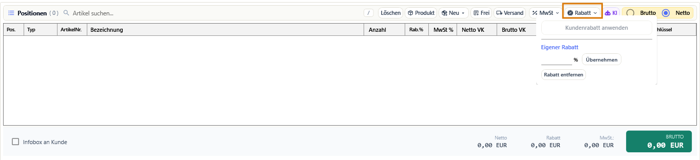 Das Rabatt-Menü mit Kundenrabatt, eigenem Prozentsatz und Rücksetzen