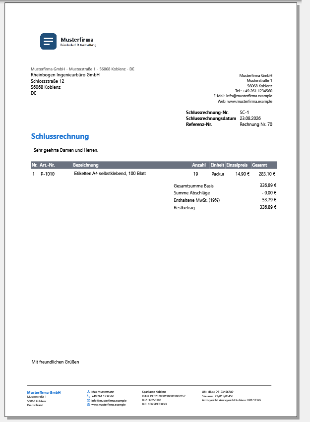 Der Summenblock der gedruckten Schlussrechnung mit dem Abzug der Abschläge