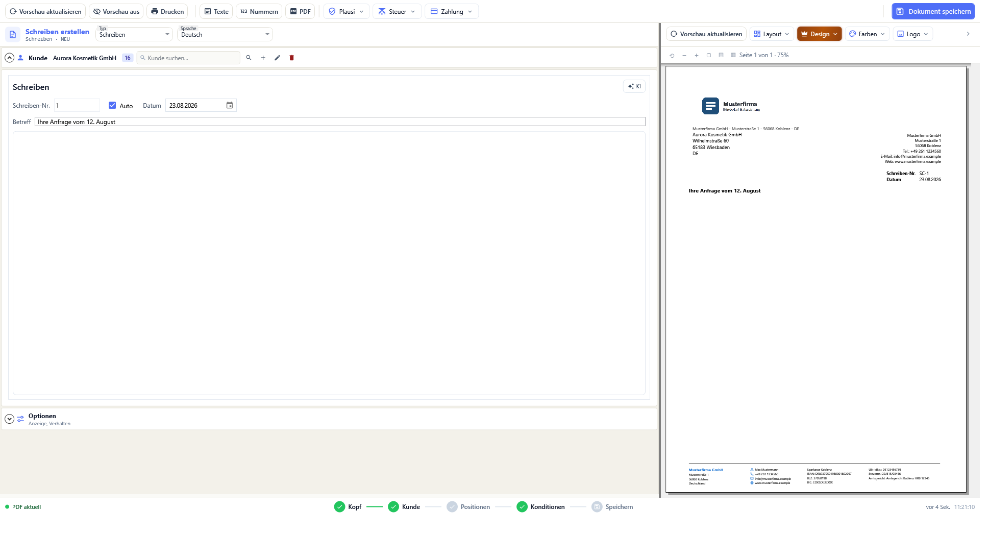 Das Schreiben mit Betreffzeile und HTML-Textbereich, rechts die Vorschau