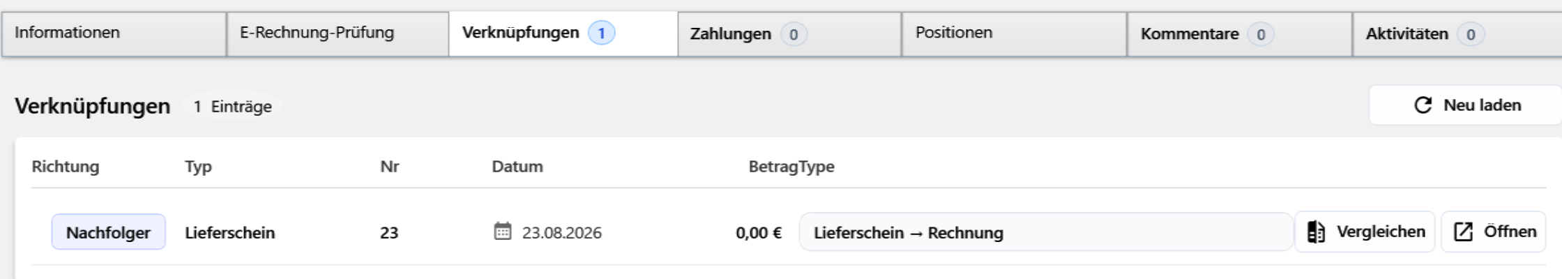 Reiter Verknüpfungen mit einer Zeile: Nachfolger, Lieferschein, Nummer, Datum, Betrag, Verbindungsart und den Schaltflächen Vergleichen und Öffnen