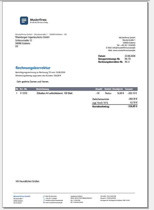 Der Hinweisblock einer Rechnungskorrektur nach einer Warenrückgabe