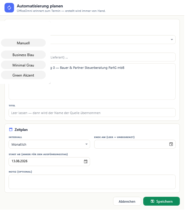 Der Planungsdialog: oben die Quelle, unten der Zeitplan