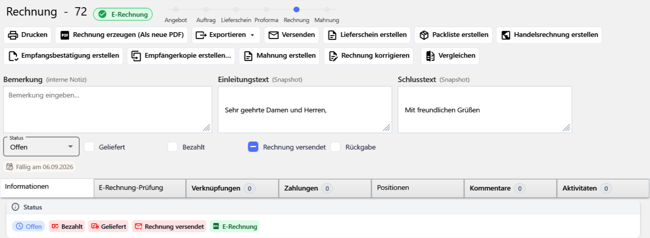 Belegvorschau einer Rechnung mit dem grünen Chip E-Rechnung neben der Belegnummer und noch einmal in der Statusleiste