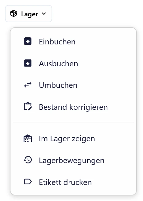 Aufgeklapptes Menü Lager am Artikel mit Einbuchen, Ausbuchen, Umbuchen, Bestand korrigieren, Im Lager zeigen, Lagerbewegungen und Etikett drucken