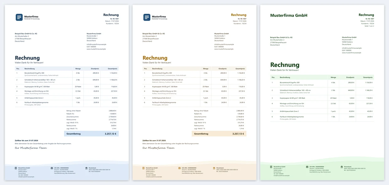 Drei Rechnungen im Premium-Design OfficeOmni Brise in Blau, Bernstein und Grün mit Wellenband im Fuß