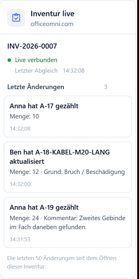 Seitenleiste Inventur live mit Verbindungsstand, letztem Abgleich und drei letzten Änderungen aus der Zählung
