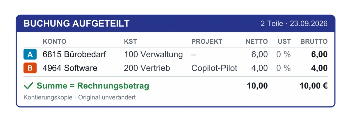 Stempel Buchung aufgeteilt auf der Kontierungskopie: zwei Teile A und B mit Konto, Kostenstelle, Projekt, Netto, USt und Brutto sowie der Prüfzeile Summe gleich Rechnungsbetrag