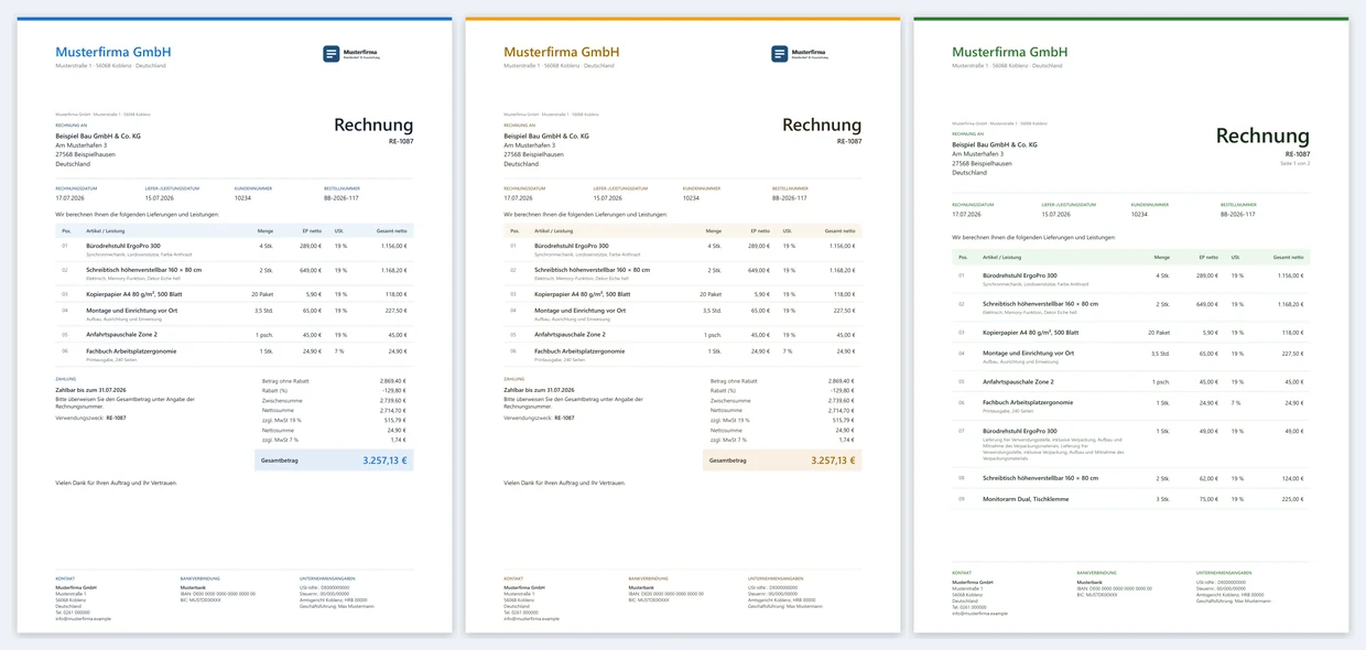 Drei Rechnungen im Premium-Design OfficeOmni Kontor in Blau, Bernstein und Grün, die grüne ohne Logo