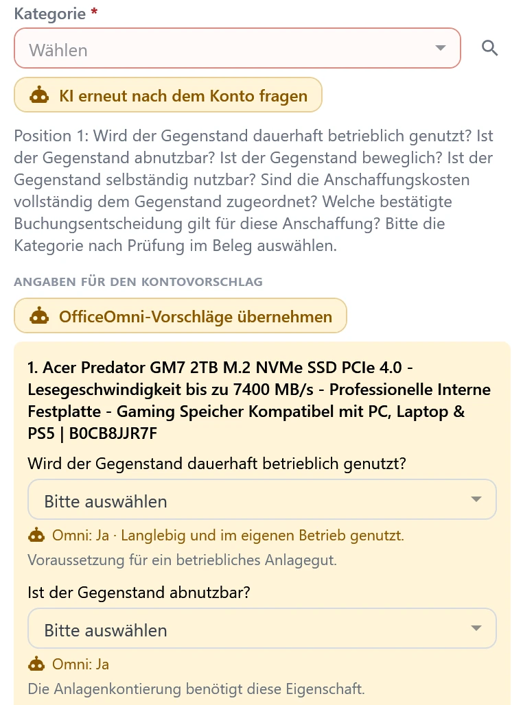 Prüfformular im PDF-Massenimport mit den Anlagefragen zu einer SSD, unter jeder Frage Omnis Vorschlag und oben der Knopf OfficeOmni-Vorschläge übernehmen