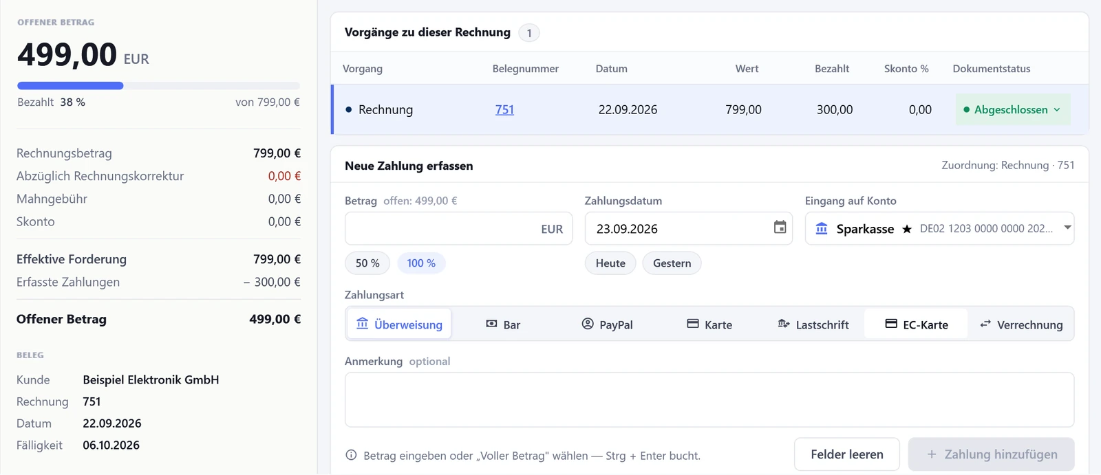Reiter Zahlungen der Rechnungsvorschau mit offenem Betrag, Vorgängen zur Rechnung und dem Formular Neue Zahlung erfassen mit Zahlungsarten