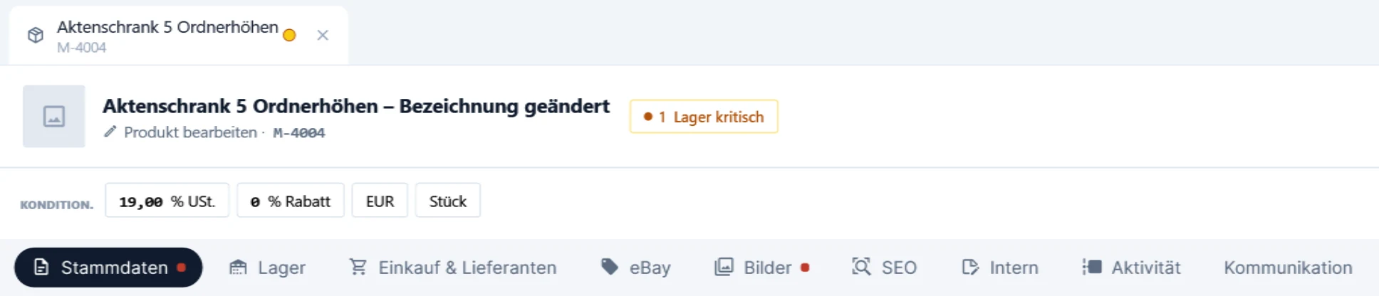 Artikel-Editor im Reiter „Aktenschrank 5 Ordnerhöhen“ mit gelbem Punkt für ungespeicherte Änderungen, darunter die Reiter von „Stammdaten“ bis „Kommunikation“