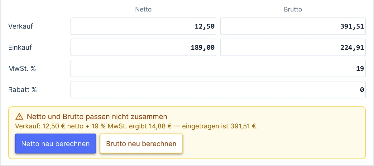 Preiskarte im Artikel-Editor mit Verkauf netto 12,50, darunter der Hinweis „Netto und Brutto passen nicht zusammen“ mit den Knöpfen „Netto neu berechnen“ und „Brutto neu berechnen“