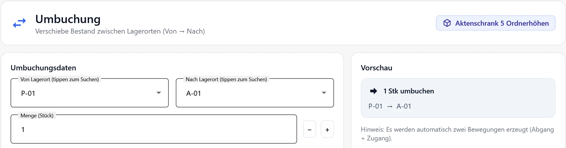 Dialog Umbuchung für den Artikel Aktenschrank 5 Ordnerhöhen: Von Lagerort P-01, Nach Lagerort A-01, Menge 1, rechts die Vorschau 1 Stk umbuchen von P-01 nach A-01