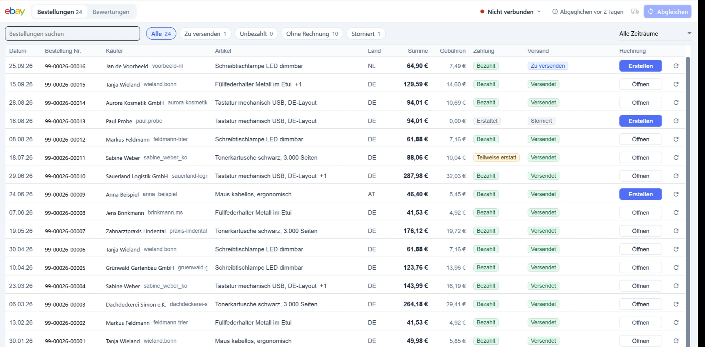 eBay-Bestellungen als Tabelle mit den Filtern Alle, Zu versenden, Unbezahlt, Ohne Rechnung und Storniert samt Anzahl, Zahlung und Versand als farbige Marken