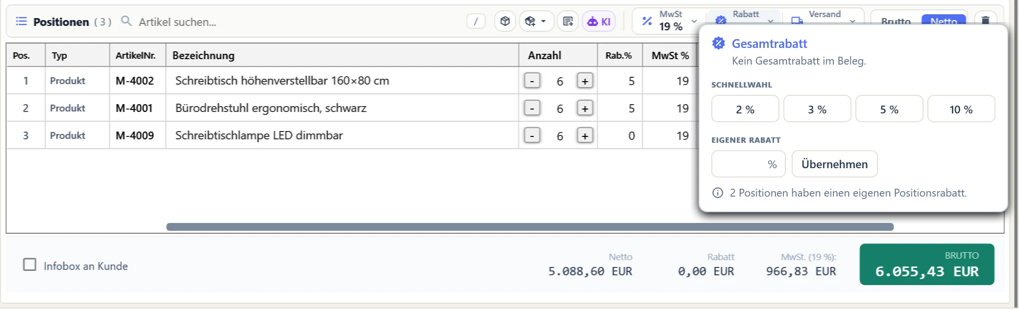 Beleg-Editor eines Auftrags: über den Positionen die Chips MwSt 19 Prozent, Rabatt und Versand, der Rabatt ist aufgeklappt mit Schnellwahl 2, 3, 5 und 10 Prozent und eigenem Rabatt