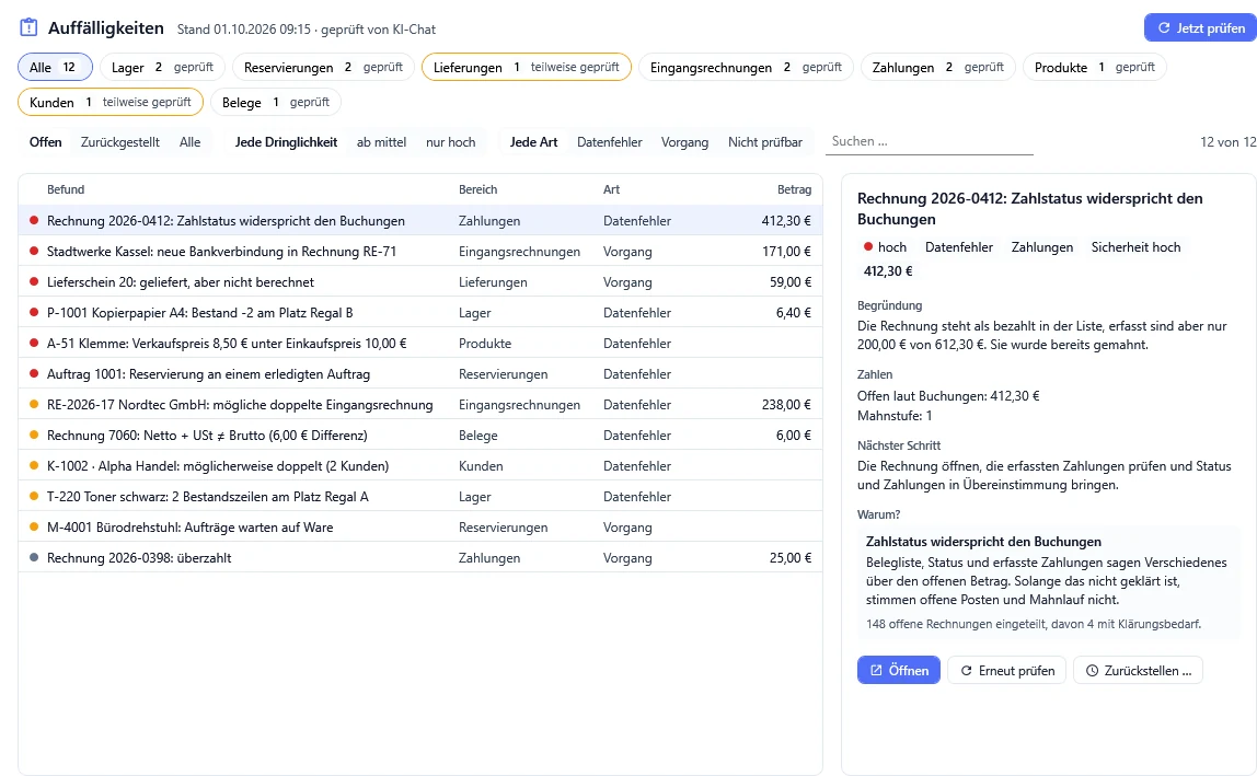 Übersicht Auffälligkeiten mit zwölf Hinweisen aus Lager, Lieferungen, Eingangsrechnungen, Zahlungen, Produkten und Kunden, rechts Begründung, Zahlen und nächster Schritt