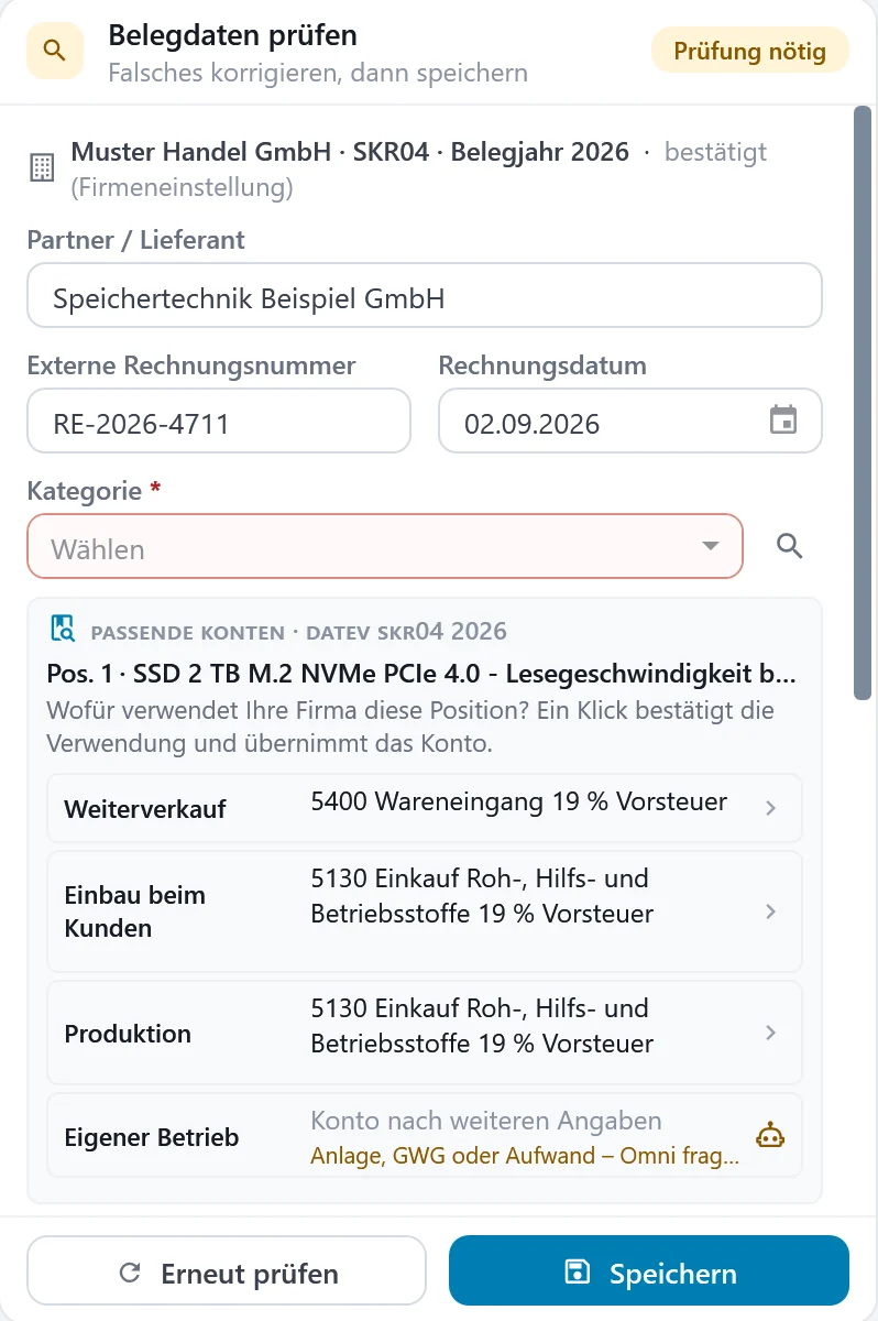 Belegdaten prüfen beim PDF-Import in OfficeOmni: Passende Konten DATEV SKR04 für eine SSD, Weiterverkauf auf 5400 Wareneingang 19 % Vorsteuer, Einbau und Produktion auf 5130, Eigener Betrieb nach weiteren Angaben