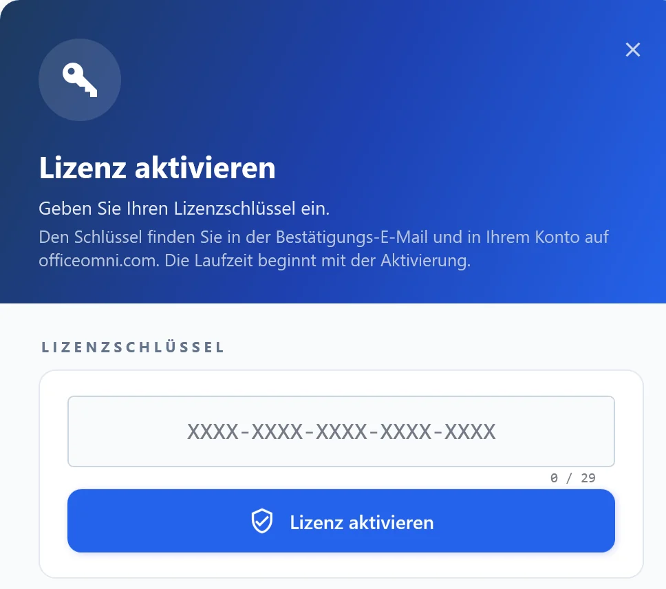 Fenster Lizenz aktivieren in OfficeOmni: Eingabefeld für den Lizenzschlüssel im Format XXXX-XXXX-XXXX-XXXX-XXXX und der Knopf Lizenz aktivieren