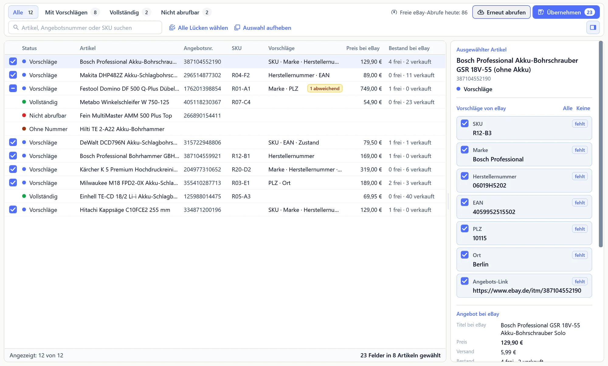 Fenster eBay-Daten ergänzen in OfficeOmni: zwölf eBay-Artikel mit Status Vorschläge, Vollständig oder Nicht abrufbar und rechts die Vorschläge SKU, Marke, Herstellernummer, EAN, PLZ, Ort und Angebots-Link