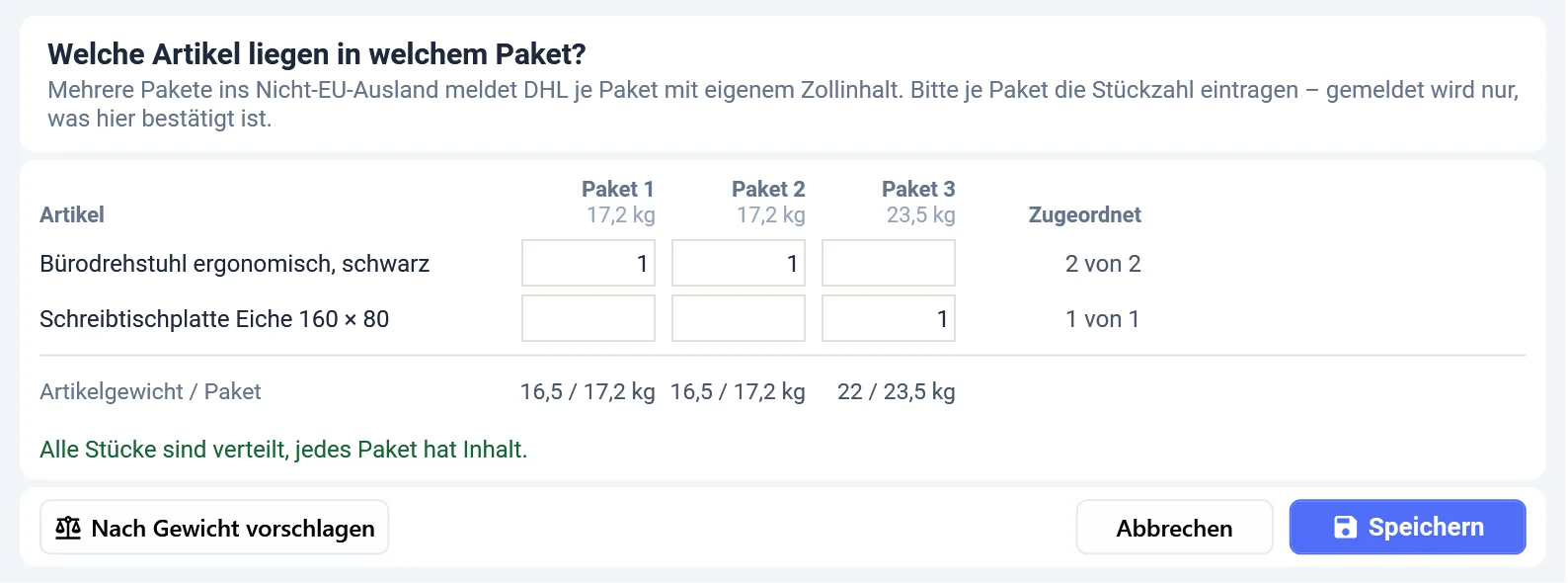 Dialog Paketinhalt festlegen in OfficeOmni: zwei Artikel auf drei Pakete verteilt, je Paket Stückzahl und Gewicht, Hinweis alle Stücke sind verteilt und Knopf Nach Gewicht vorschlagen