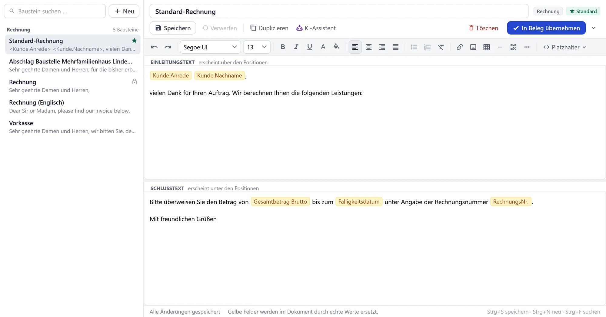 Fenster Textbausteine in OfficeOmni: Liste der Bausteine für Rechnungen, Standard-Rechnung mit Einleitungstext und Schlusstext, gelbe Platzhalter und Knopf In Beleg übernehmen