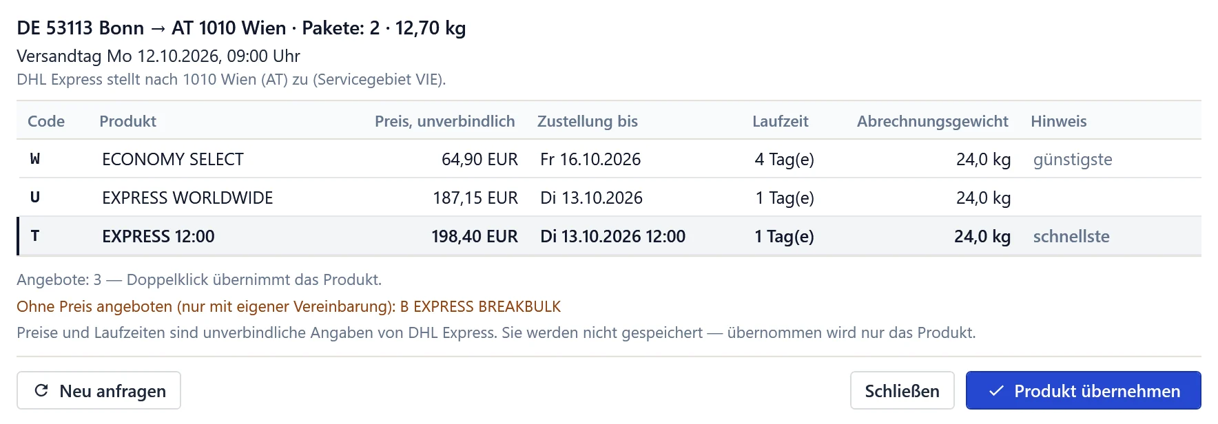 Dialog Express-Preis anfragen in OfficeOmni: Sendung von Bonn nach Wien mit zwei Paketen, drei DHL-Express-Produkte mit unverbindlichem Preis, Zustelltermin, Laufzeit und Abrechnungsgewicht