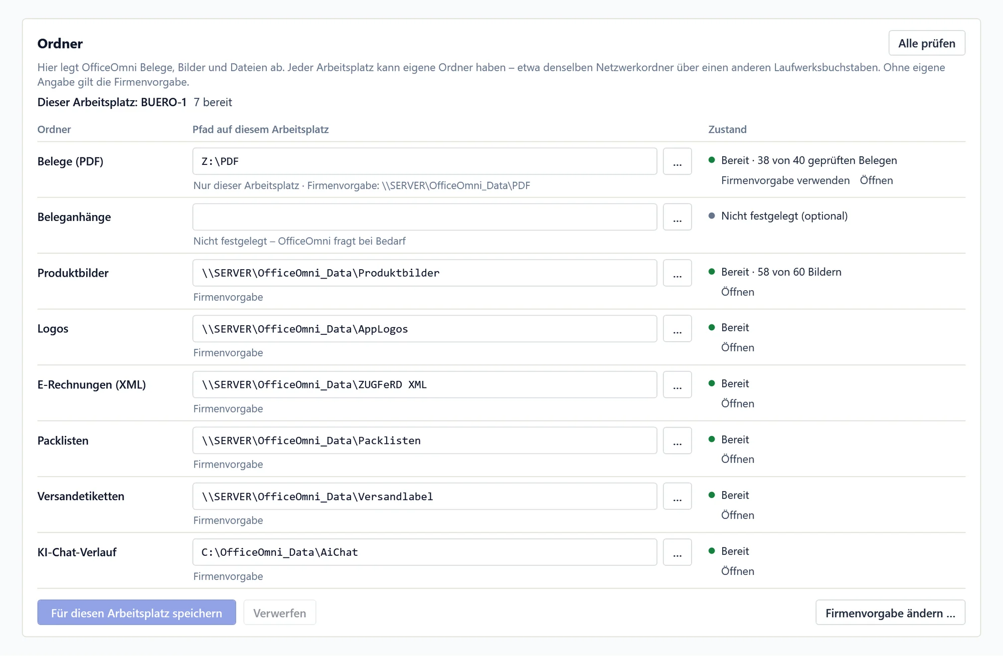 Karte Ordner in den App-Einstellungen von OfficeOmni: Ordner für Belege, Produktbilder, Logos, E-Rechnungen, Packlisten und Versandetiketten mit Pfad je Arbeitsplatz, Herkunft und Zustand