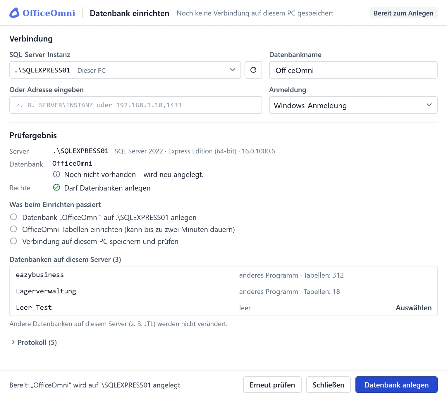 Fenster Datenbank einrichten in OfficeOmni: SQL-Server-Instanz und Datenbankname, Prüfergebnis mit Fassung und Rechten, die drei Schritte der Einrichtung und die Datenbanken auf dem Server