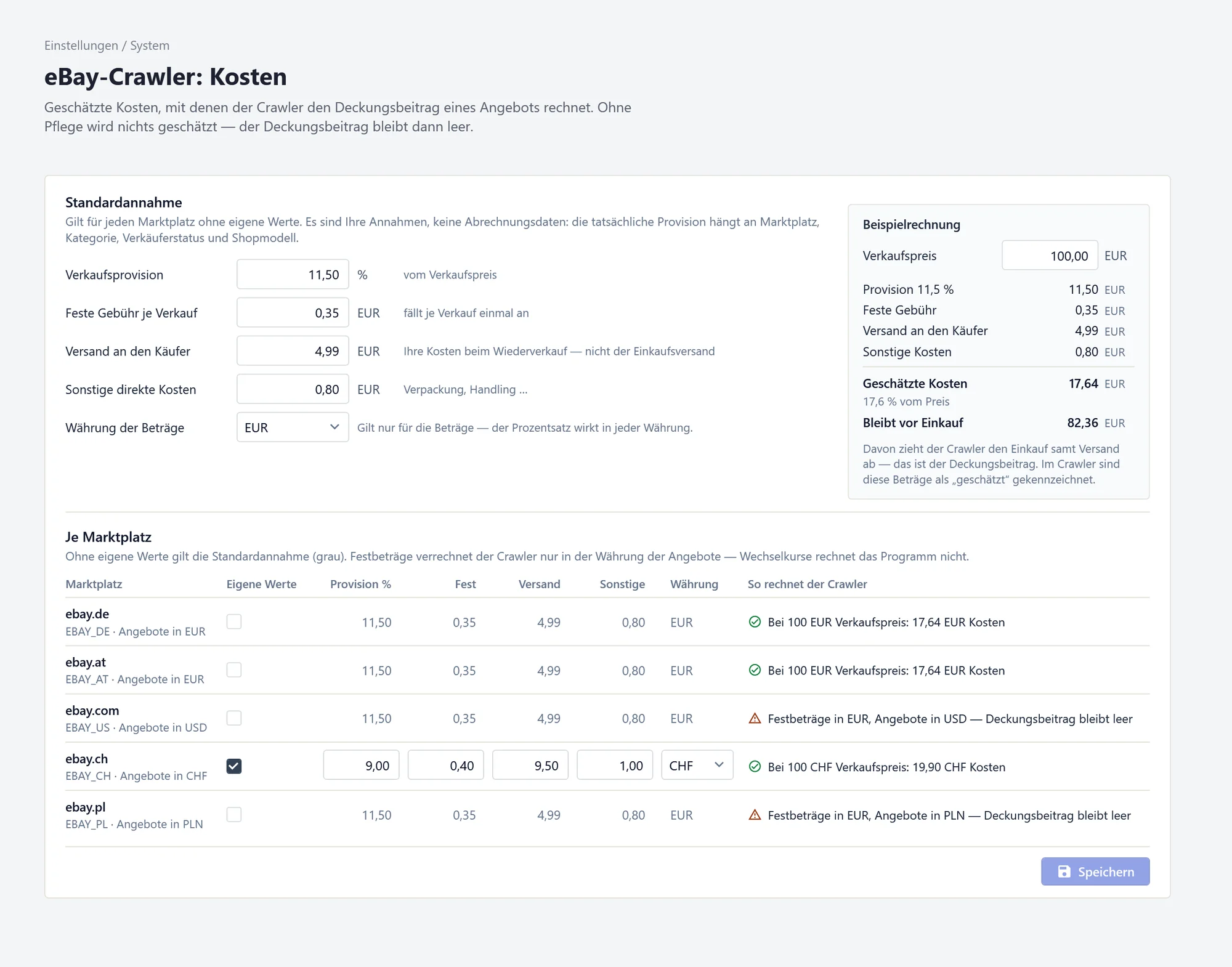 Einstellungsseite eBay-Crawler Kosten in OfficeOmni: Standardannahme mit Provision, fester Gebühr, Versand und sonstigen Kosten, Beispielrechnung und je Marktplatz die Wirkung der Kosten