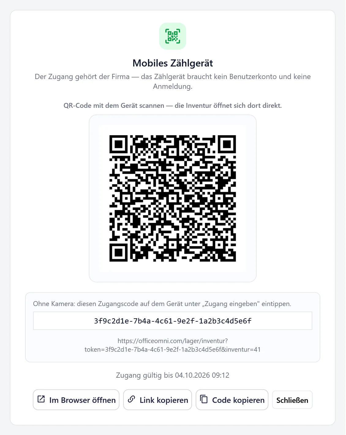 Fenster Zählgerät verbinden in OfficeOmni: QR-Code für das Handy, Zugangscode zum Eintippen, Link und Gültigkeit, Knöpfe zum Öffnen im Browser und zum Kopieren