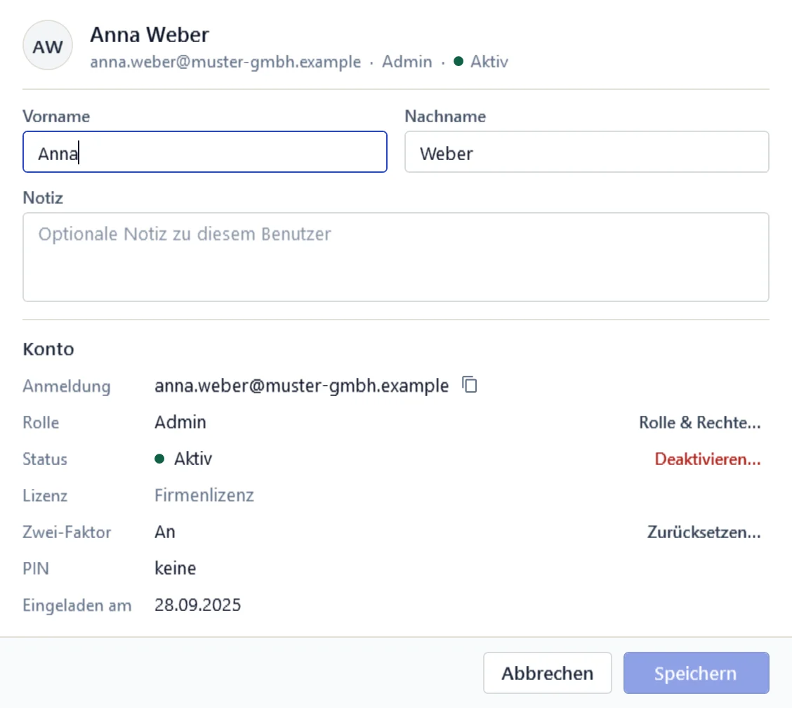 Neues Fenster Benutzer bearbeiten in OfficeOmni mit Name, Anmeldung, Rolle und Status, darunter der Abschnitt Konto mit Lizenz, Zwei-Faktor und PIN und den Aktionen daneben