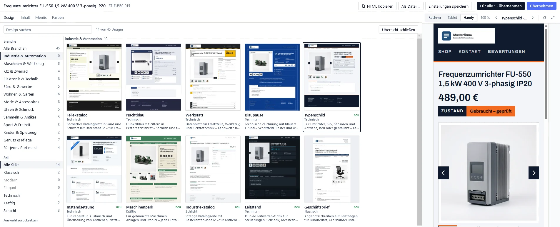 Design-Übersicht im eBay Design Manager von OfficeOmni: links Filter nach Branche und Stil mit Anzahlen, in der Mitte große Karten der eBay-Vorlagen für Industrie und Automation, rechts die Handy-Vorschau