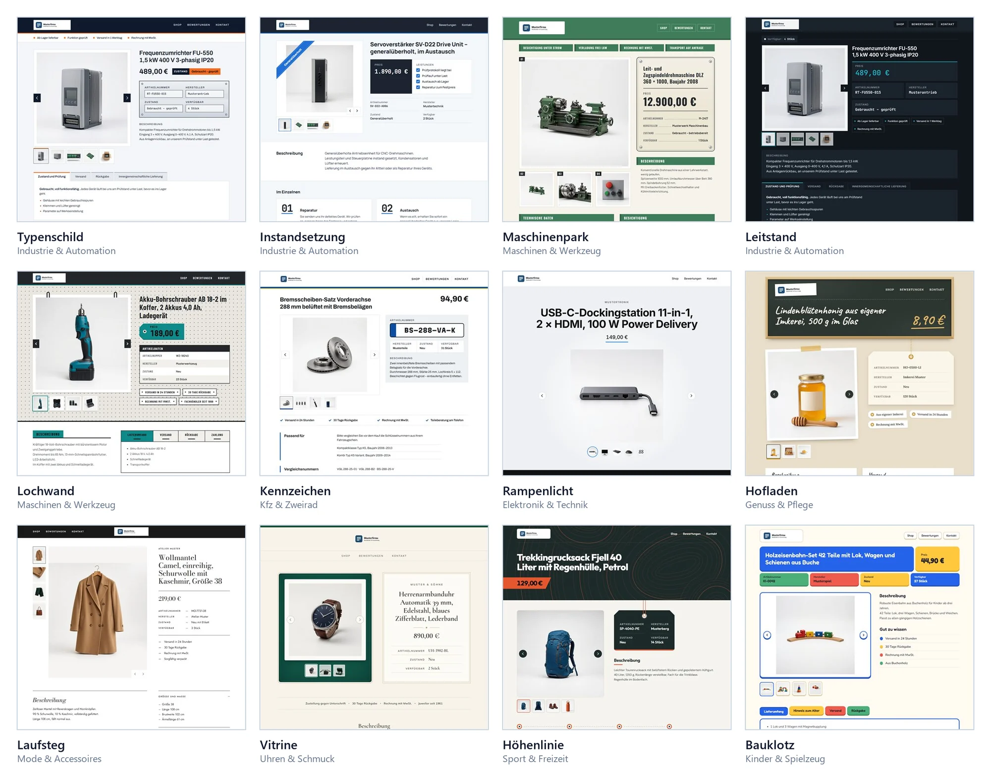 Zwölf der 15 neuen eBay-Vorlagen in OfficeOmni als Vorschaubilder, darunter Typenschild, Maschinenpark, Leitstand, Kennzeichen, Hofladen, Laufsteg, Vitrine und Bauklotz, jeweils mit einem Artikel ihrer Branche