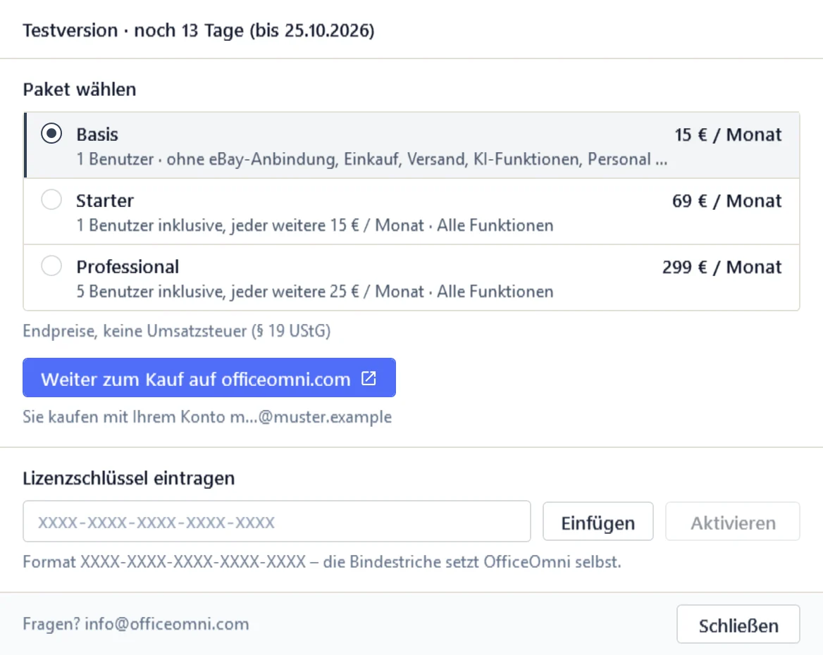 Fenster OfficeOmni kaufen mit den Paketen Basis, Starter und Professional, Monatspreis, Benutzerzahl und Umfang, darunter das Feld für den Lizenzschlüssel