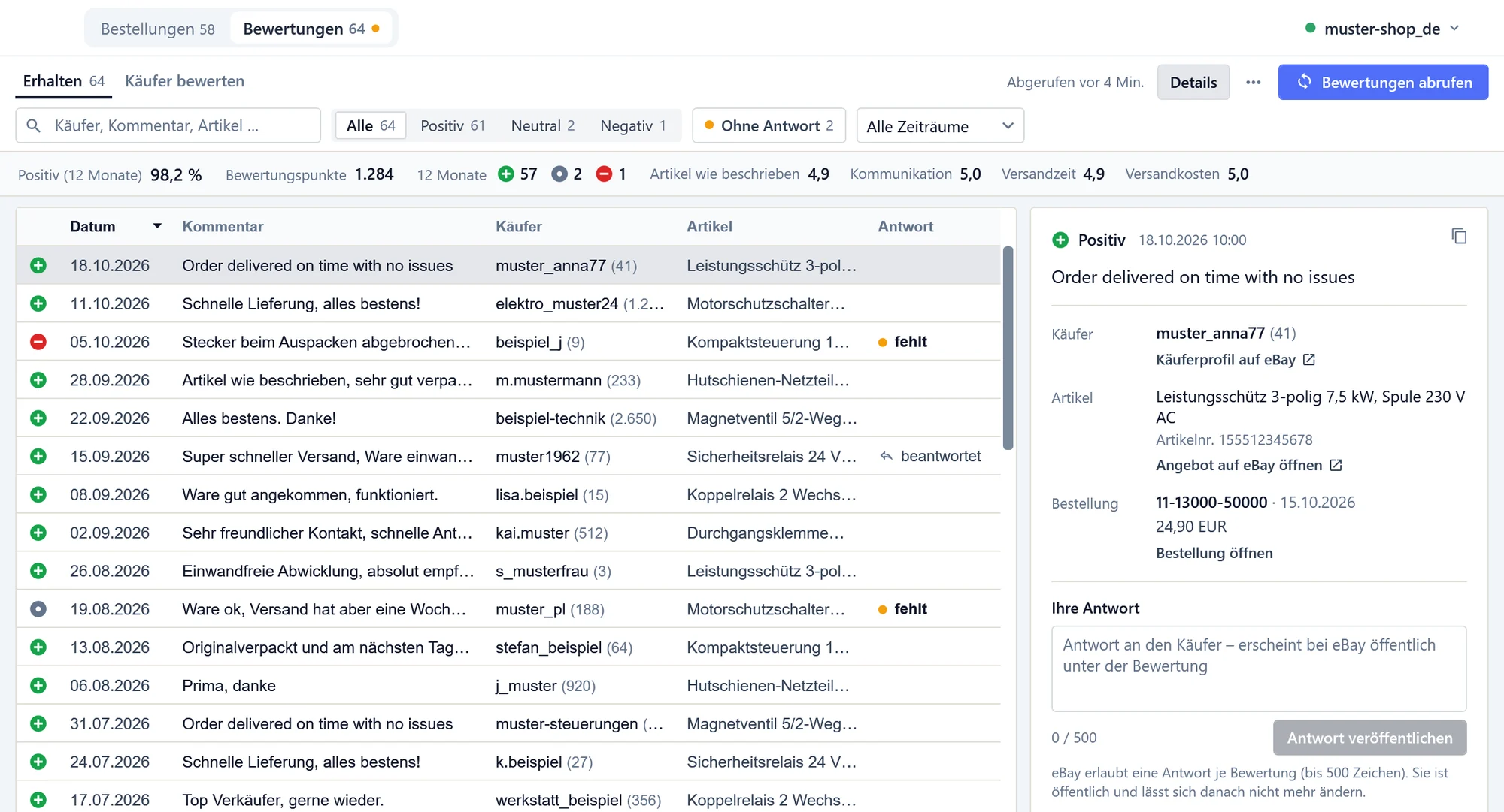 Reiter Bewertungen im eBay-Bereich von OfficeOmni: Kennzahlen wie bei eBay, Filter Ohne Antwort, Tabelle mit Datum, Kommentar, Käufer und Artikel, rechts die Details der Bewertung und das Antwortfeld