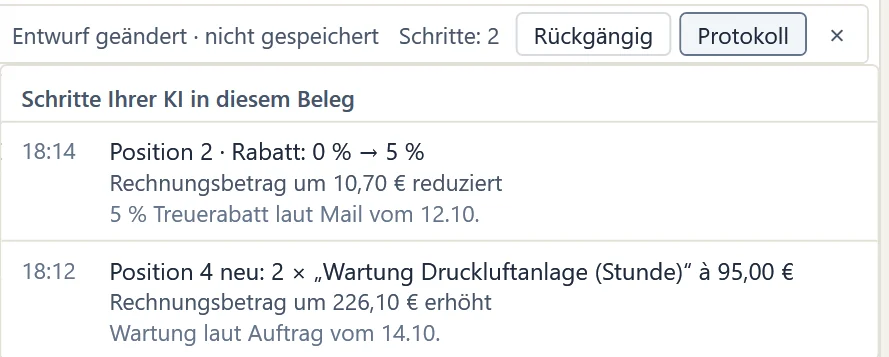 Protokoll der Leiste Ihre KI im Beleg-Editor von OfficeOmni: zwei Schritte mit Uhrzeit, Änderung, Wirkung auf den Rechnungsbetrag und Anlass, darüber die Knöpfe Rückgängig und Protokoll