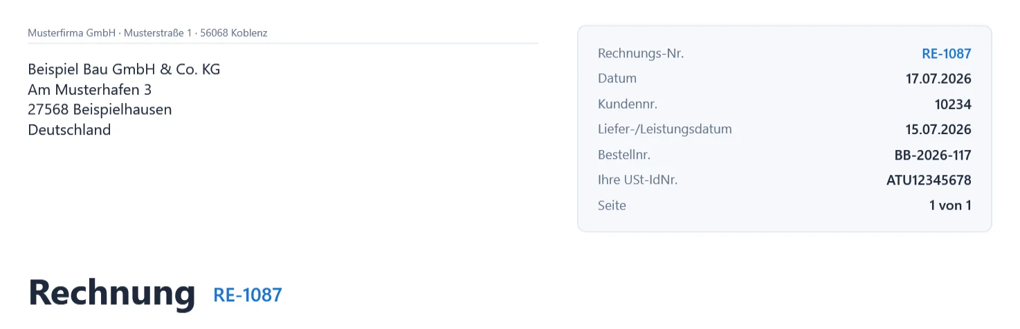 Rechnung RE-1087 im Premium-Belegdesign von OfficeOmni: Info-Box oben rechts mit „Liefer-/Leistungsdatum“ 15.07.2026, „Bestellnr.“ BB-2026-117 und „Ihre USt-IdNr.“ ATU12345678