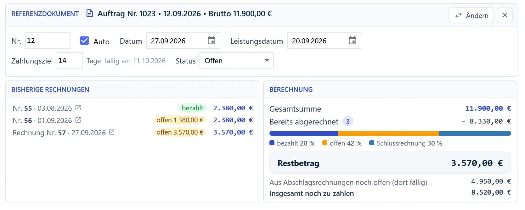 Schlussrechnung zu Auftrag Nr. 1023 in OfficeOmni: links „Bisherige Rechnungen“ mit den Abschlägen Nr. 55 und 56 und der Rechnung Nr. 57, rechts 11.900,00 € gesamt, 8.330,00 € bereits abgerechnet, 3.570,00 € Restbetrag