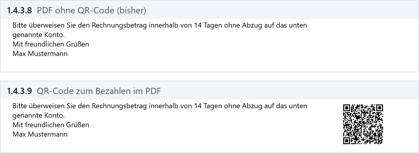 Zwei Ausschnitte derselben Musterrechnung aus OfficeOmni: oben das PDF aus 1.4.3.8 ohne GiroCode, unten das PDF aus 1.4.3.9 mit dem GiroCode, dem QR-Code zum Bezahlen, rechts neben dem Schlusstext.