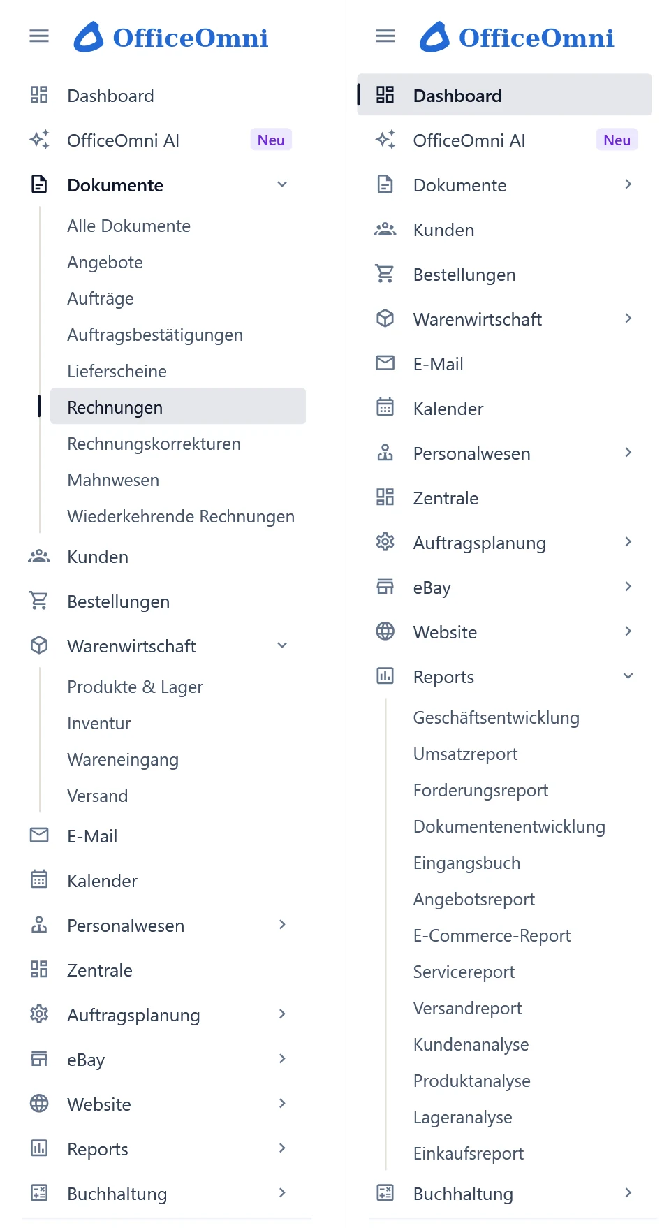 Zwei Ansichten der linken Leiste in OfficeOmni: links sind „Dokumente“ und „Warenwirtschaft“ aufgeklappt und „Rechnungen“ ist grau markiert, rechts ist nur „Reports“ mit allen 13 Berichten offen.