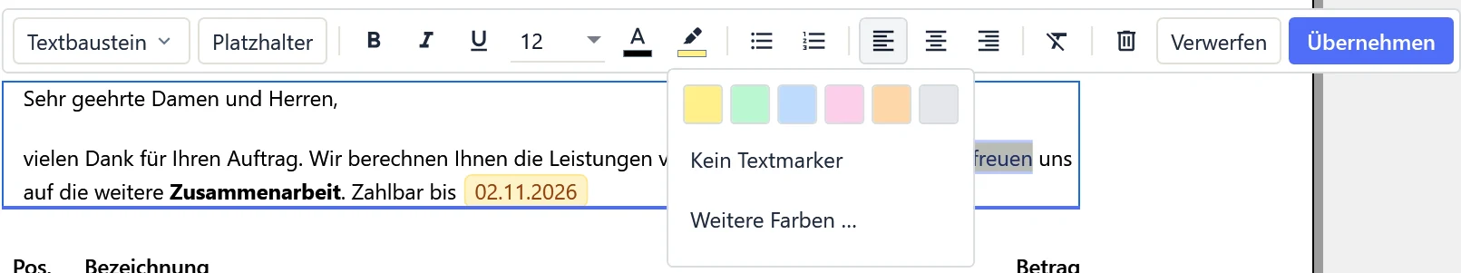 Werkzeugleiste über der Einleitung im Beleg-Editor von OfficeOmni mit geöffneter Textmarker-Auswahl: sechs helle Farben, „Kein Textmarker“ und „Weitere Farben …“, im Text ist das Wort „freuen“ ausgewählt.