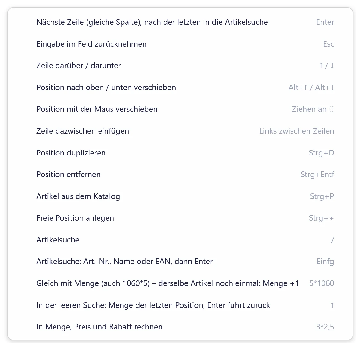 Geöffnete Tastenhilfe der Ansicht Seite im Beleg-Editor. Die Artikelsuche findet Art.-Nr., Name oder EAN, Einfg springt hinein. Dazu kommen die Eingabe mit Menge wie 5*1060 und das Rechnen in Menge, Preis und Rabatt.