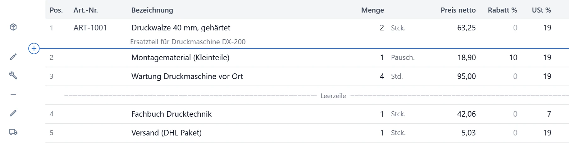 Positionstabelle auf der Seite mit einem Pluszeichen im Kreis links zwischen Position 1 und 2. Eine blaue Linie markiert die Stelle, an der die neue Zeile entsteht.